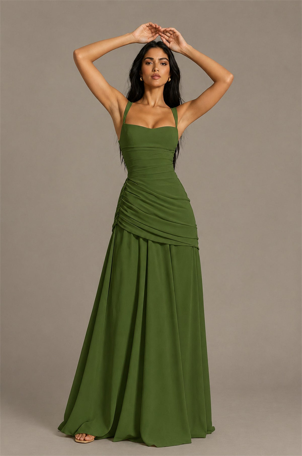 BOLODOO Square Neck Ruched A-Line Maxi Dress - Olive Green Backless Evening Gown - Olive Green