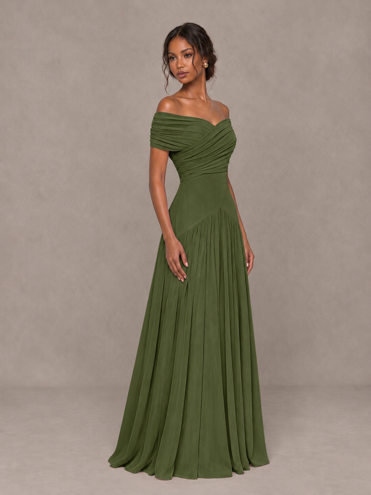 BOLODOO Olive Green Off-Shoulder Ruched A-Line Bridesmaid Dress - Olive Green - Olive Green (3)