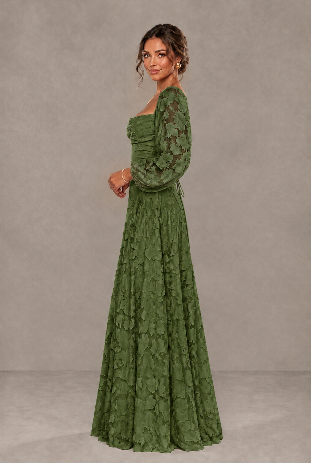 BOLODOO Floral Olive Green Long Sleeve A-Line Dress with Lace-Up Back - Olive Green