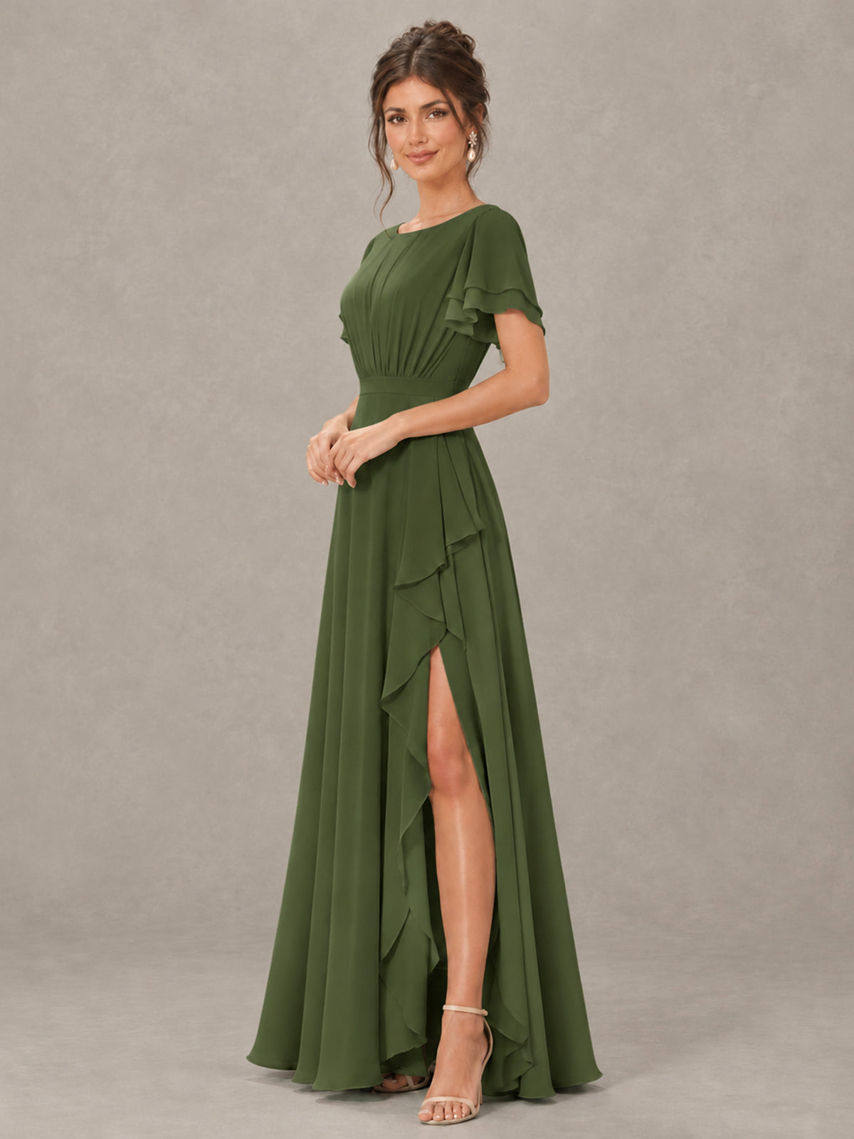 BOLODOO Olive Green Flutter Sleeve Ruffle Bridesmaid Dress with Slit - Olive Green - Olive Green (3)