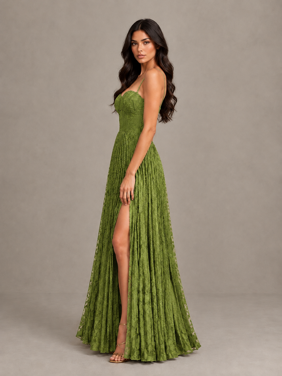 BOLODOO Olive Green Pleated Bridesmaid Dress with Sweetheart Neckline & Slit - Olive Green - Olive Green (3)
