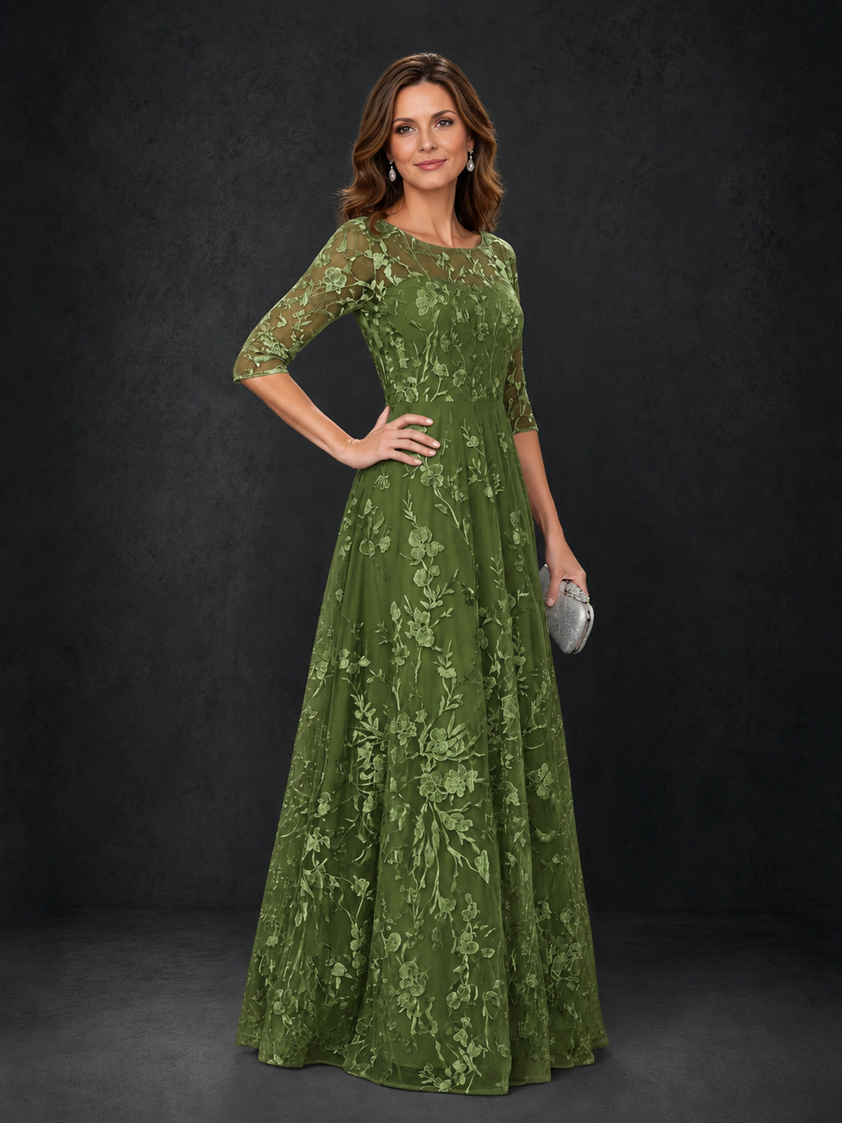 BOLODOO Steel Olive Green Floral Lace A-Line Mother of the Bride Dress with 3/4 Sleeves - Olive Green