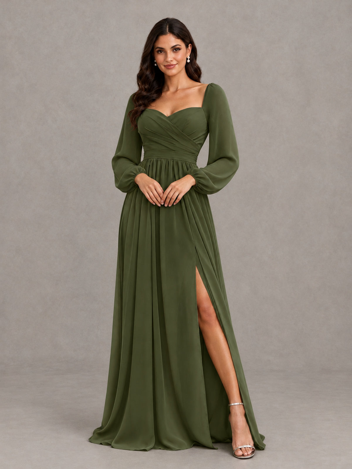 BOLODOO Olive Green Long Sleeve Chiffon Bridesmaid Dress with Slit - Olive Green - Olive Green (4)