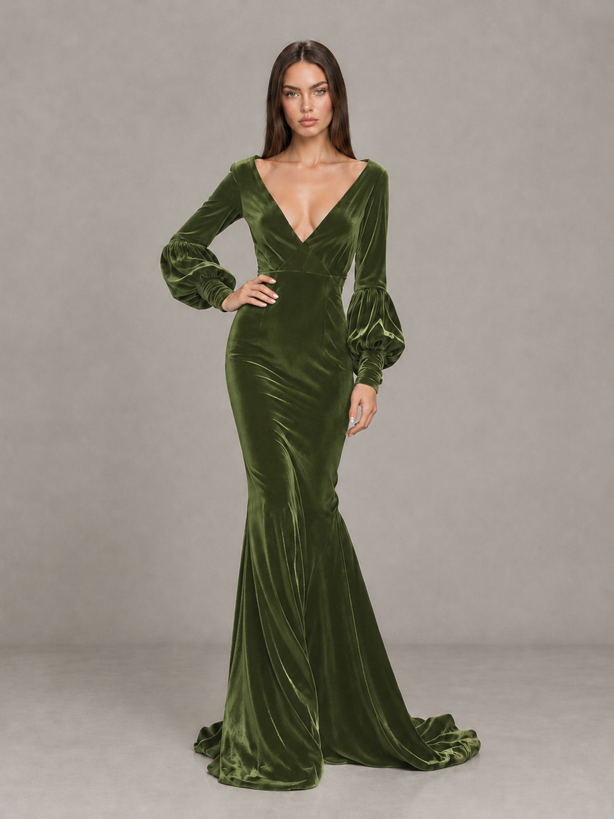 BOLODOO Olive Green Velvet V-Neck Long Sleeve Open Back Mermaid Evening Gown - Olive Green - Olive Green (4)