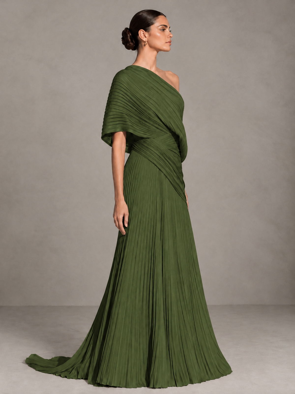 BOLODOO Olive Green One-Shoulder Pleated Cape Evening Gown with Train - Olive Green - Olive Green (4)