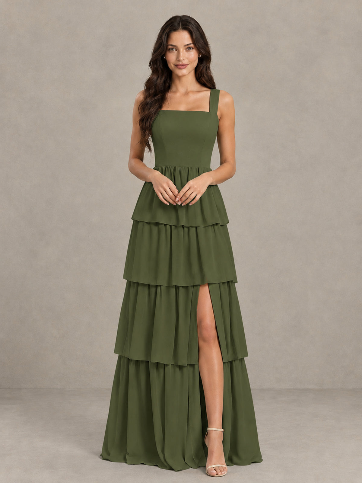 BOLODOO Olive Green Square Neck Tiered Bridesmaid Dress with Slit - Olive Green - Olive Green (4)