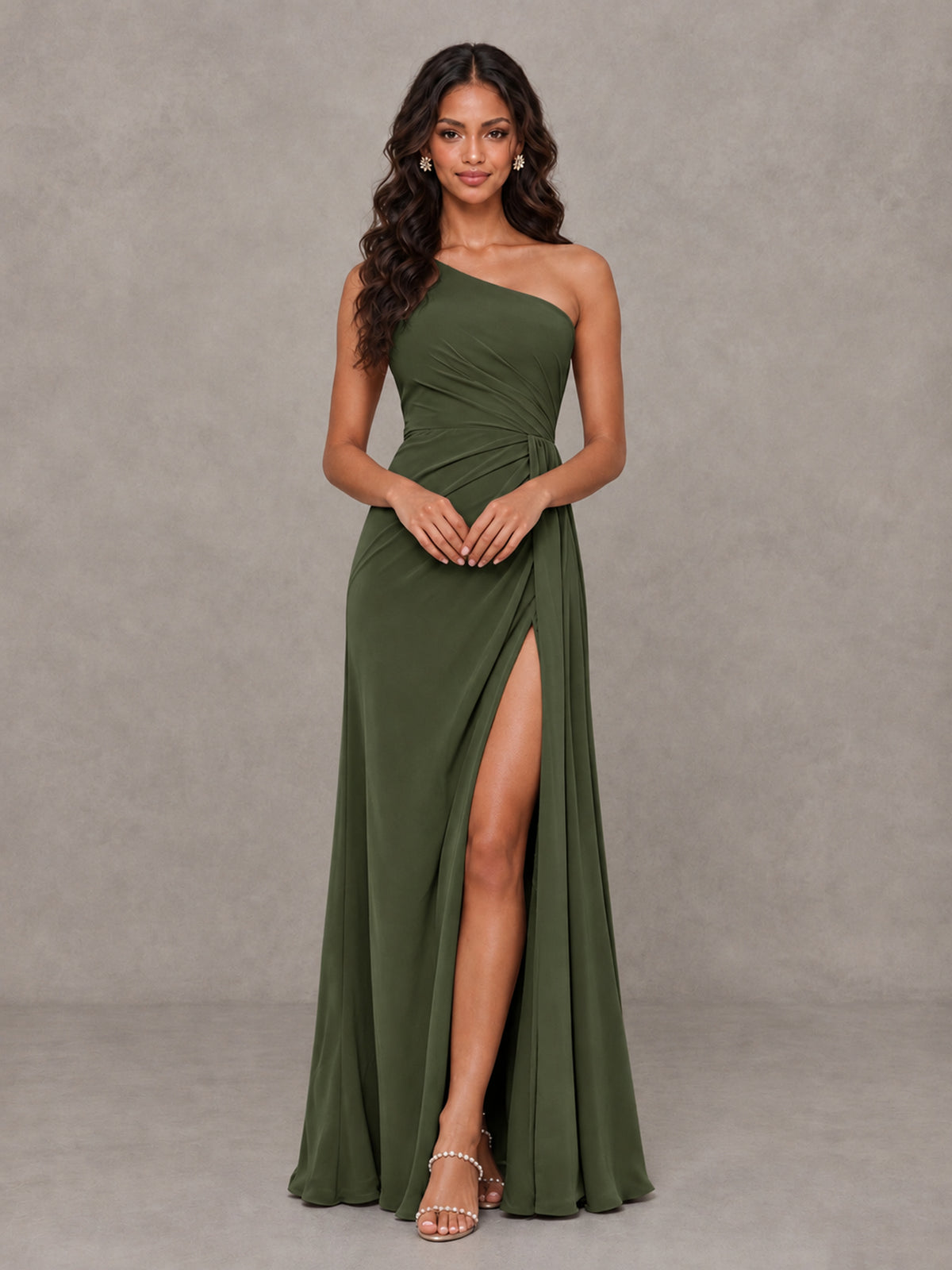 BOLODOO Olive Green One-Shoulder Chiffon Bridesmaid Dress with Ruched Bodice & High Slit - Olive Green - Olive Green (4)