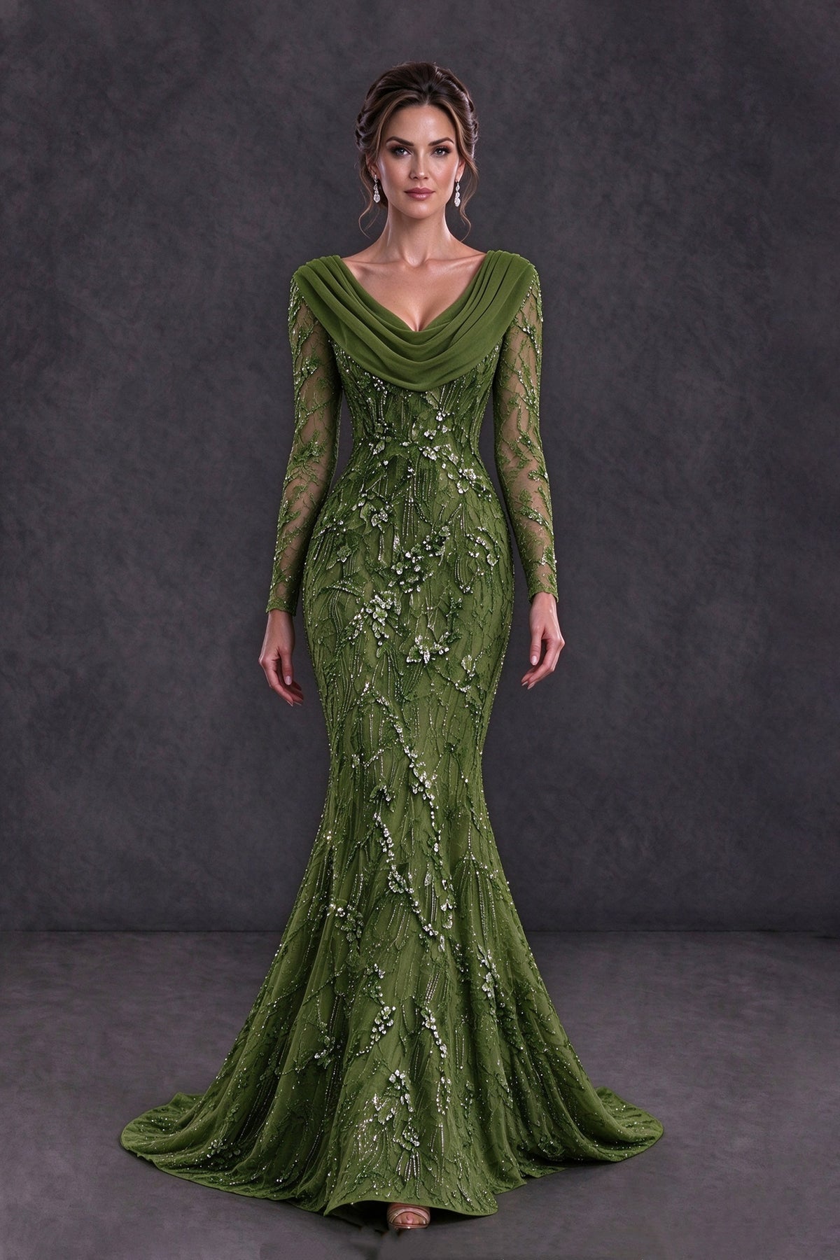 BOLODOO Olive Green Long Sleeve Embellished Mother of the Bride Dress with Cowl Neck - Olive Green - Olive Green (4)