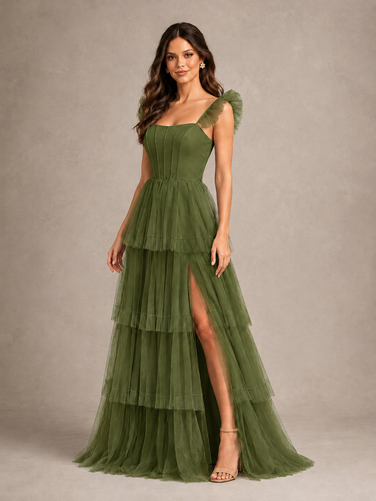 BOLODOO Olive Green Tiered Tulle Bridesmaid Dress with Slit - Olive Green - Olive Green (4)