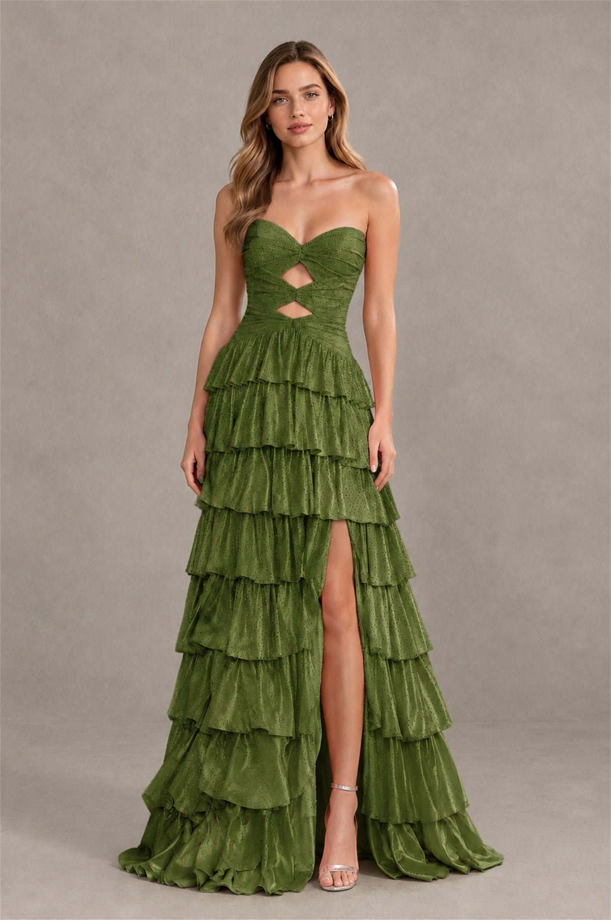 BOLODOO Olive Green Strapless Cutout Tiered Ruffle Prom Dress with High Slit - Olive Green - Olive Green (4)