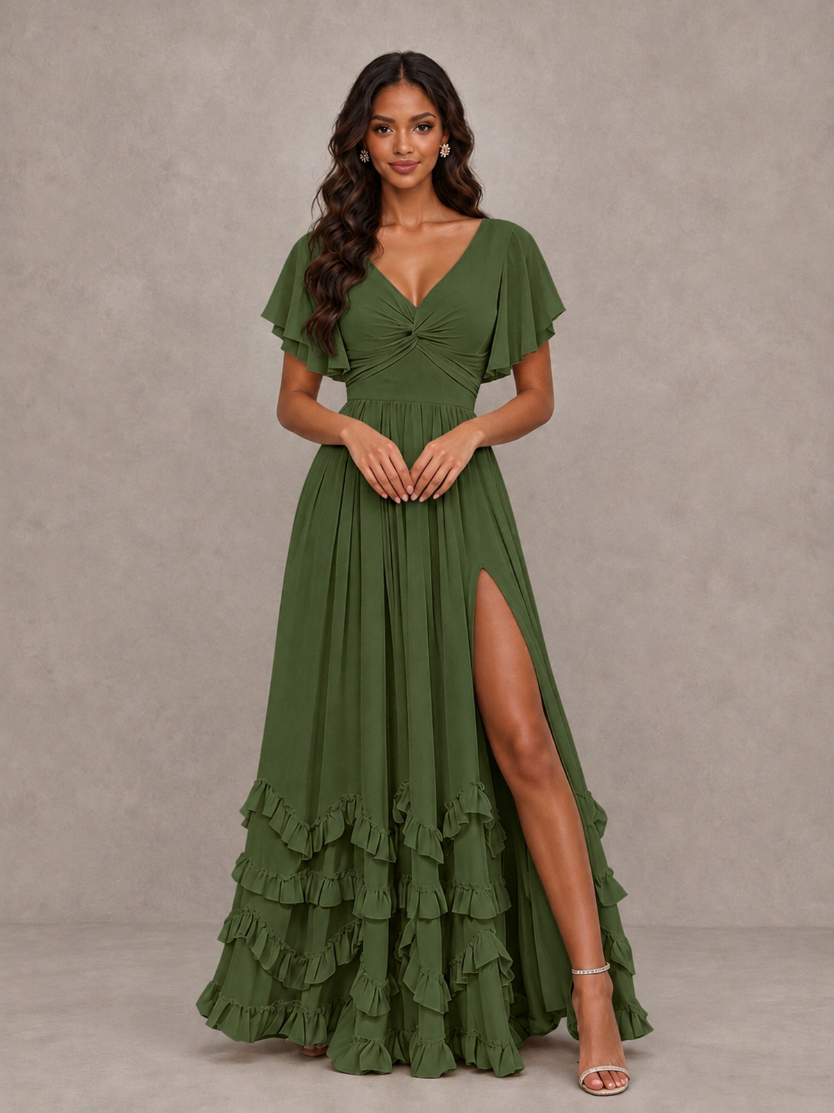 BOLODOO Olive Green V-Neck Flutter Sleeve Ruffle Bridesmaid Dress with Slit - Olive Green - Olive Green (4)