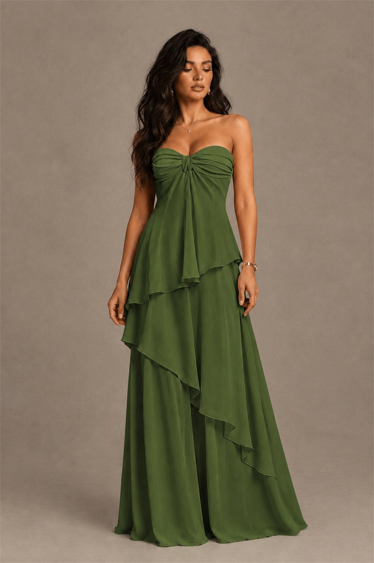 BOLODOO Olive Green Strapless Sweetheart Knotted Chiffon Tiered Maxi Dress with Lace-Up Back - Olive Green