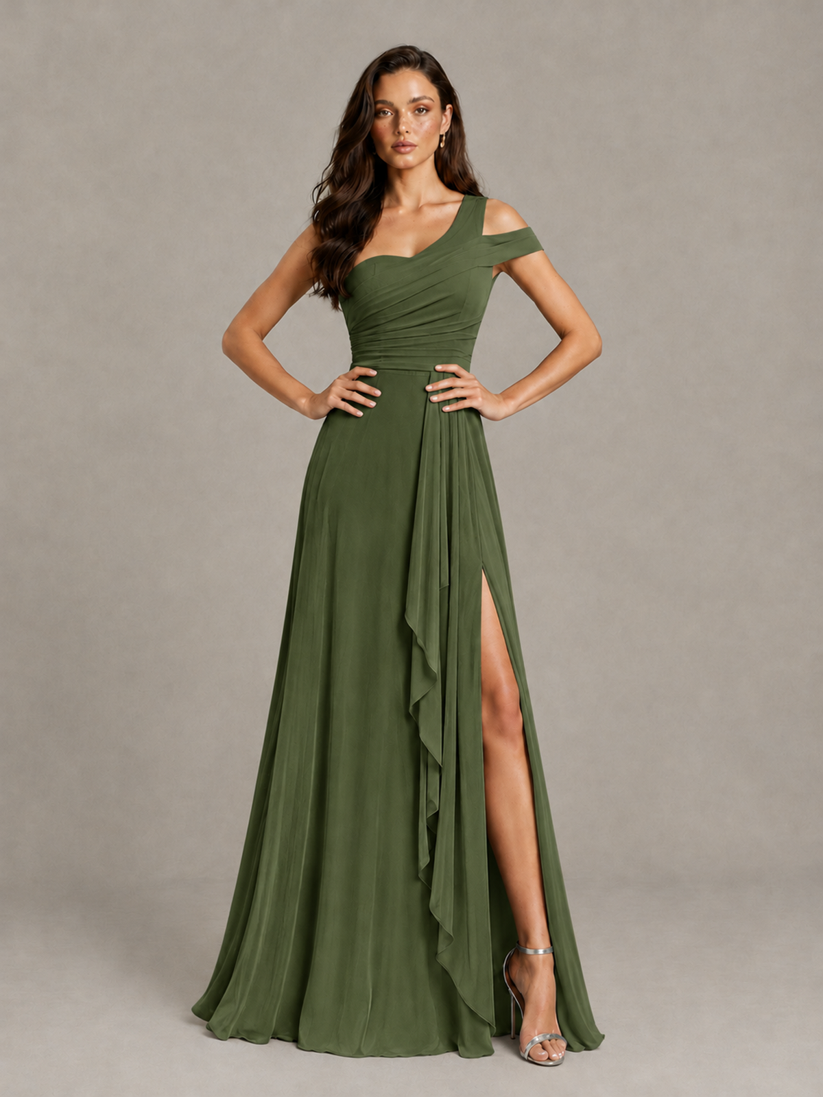 BOLODOO Olive Green One-Shoulder Bridesmaid Dress with Side Slit - Olive Green - Olive Green (4)