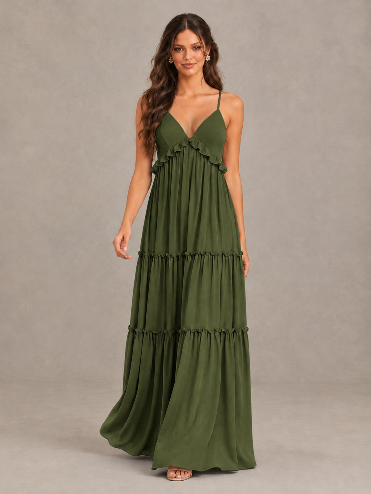 BOLODOO Olive Green Tiered V-Neck Lace-Up Back Bridesmaid Dress - Olive Green - Olive Green (4)
