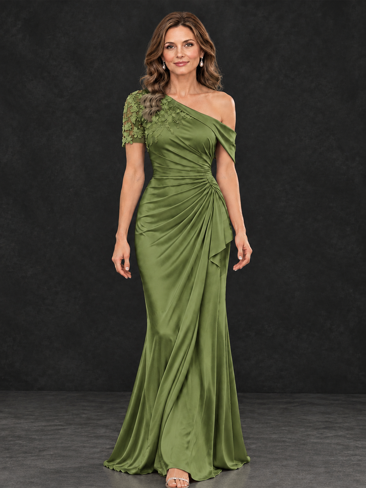 BOLODOO Olive Green Asymmetric Satin Mother of the Bride Dress with Lace Sleeve - Olive Green - Olive Green (4)