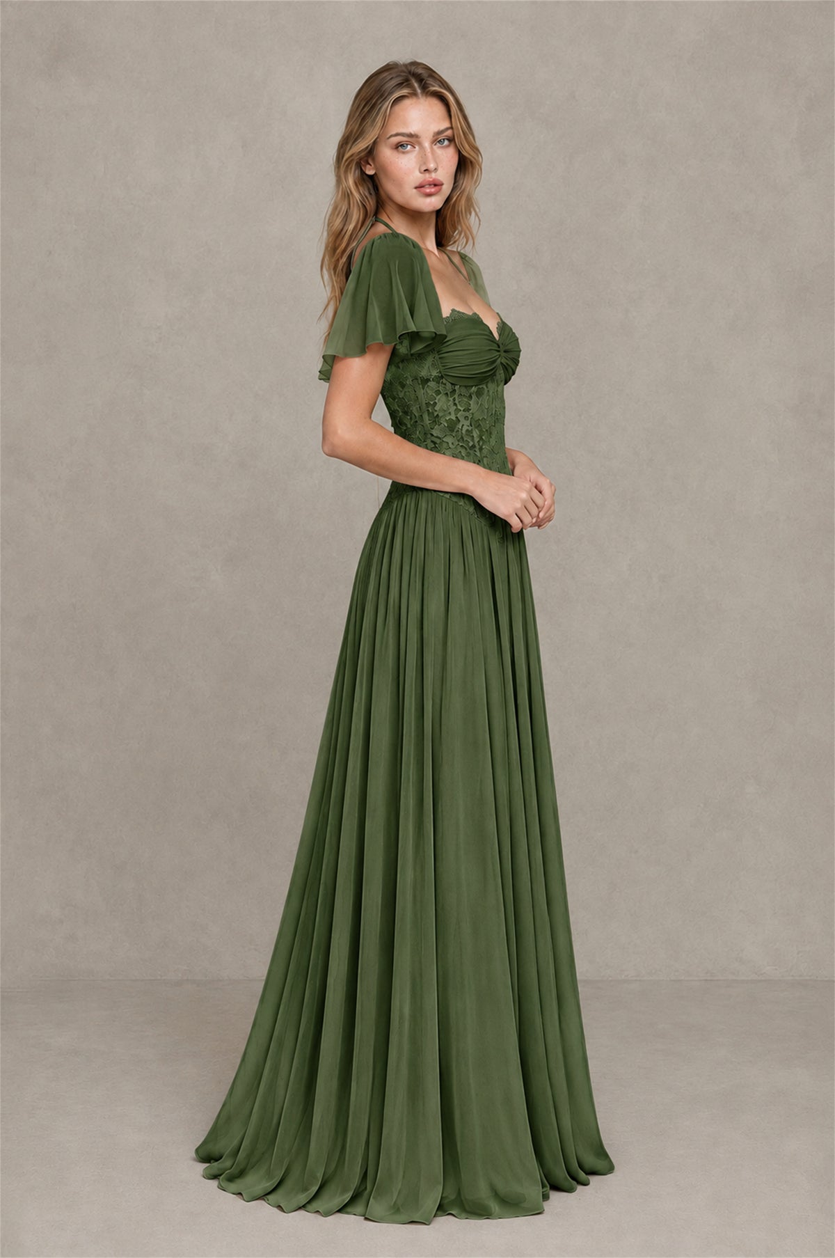 BOLODOO Olive Green Flutter Sleeve Lace Corset A-Line Maxi Dress - Olive Green - Olive Green (4)