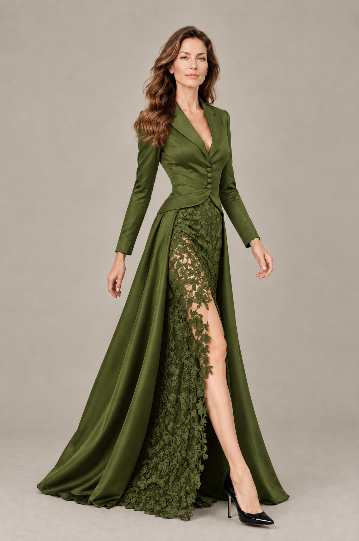 BOLODOO Olive Green Long Sleeve Lace Blazer Gown with High Slit - Olive Green - Olive Green (4)