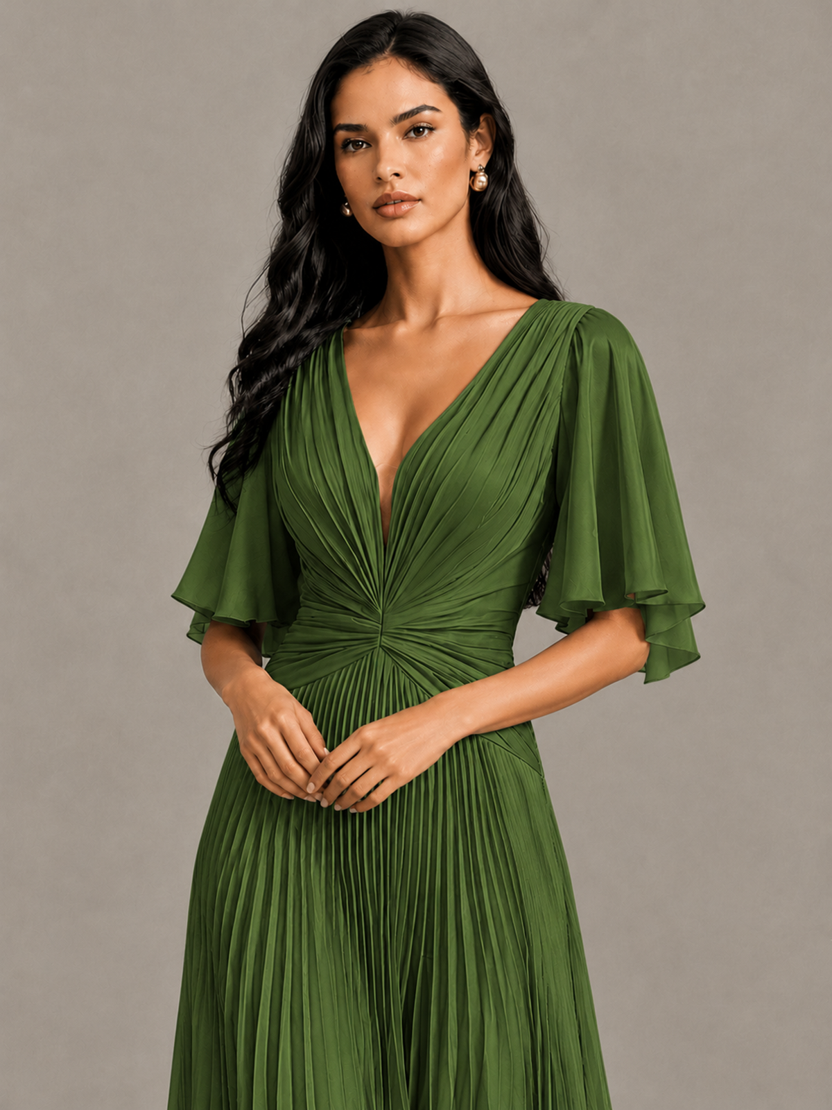 BOLODOO Olive Green Pleated V-Neck Flutter Sleeve Bridesmaid Dress - Olive Green - Olive Green (4)