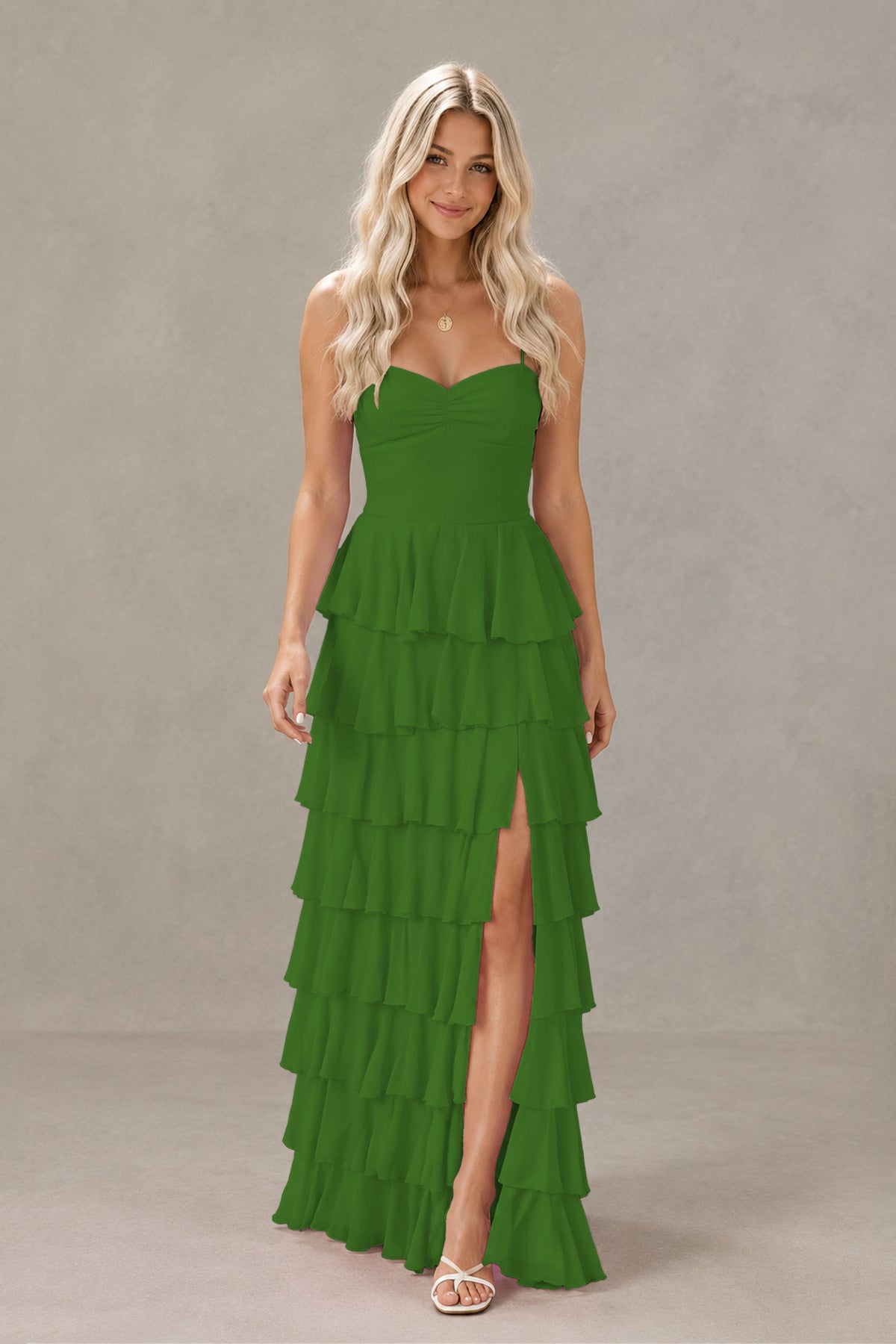 BOLODOO Olive Green Strapless Tiered Ruffle Maxi Dress with Slit & Lace-Up Back - Olive Green