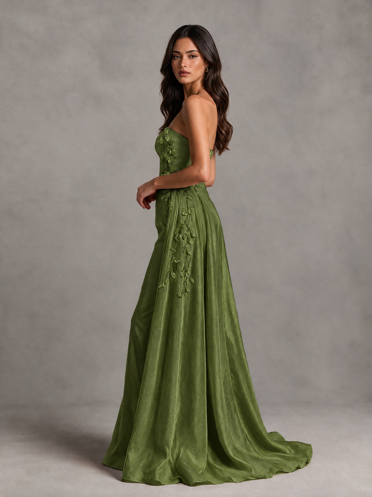 BOLODOO Olive Green Strapless Floral Applique Prom Dress with Overskirt - Olive Green - Olive Green (4)