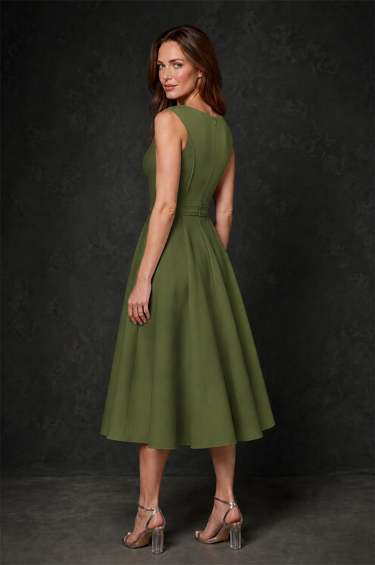 BOLODOO Olive Green 3D Rosette Appliqué 3/4 Sleeve Jacket & V-Notch Sleeveless A-Line Tea-Length Two-Piece Dress Set - Olive Green