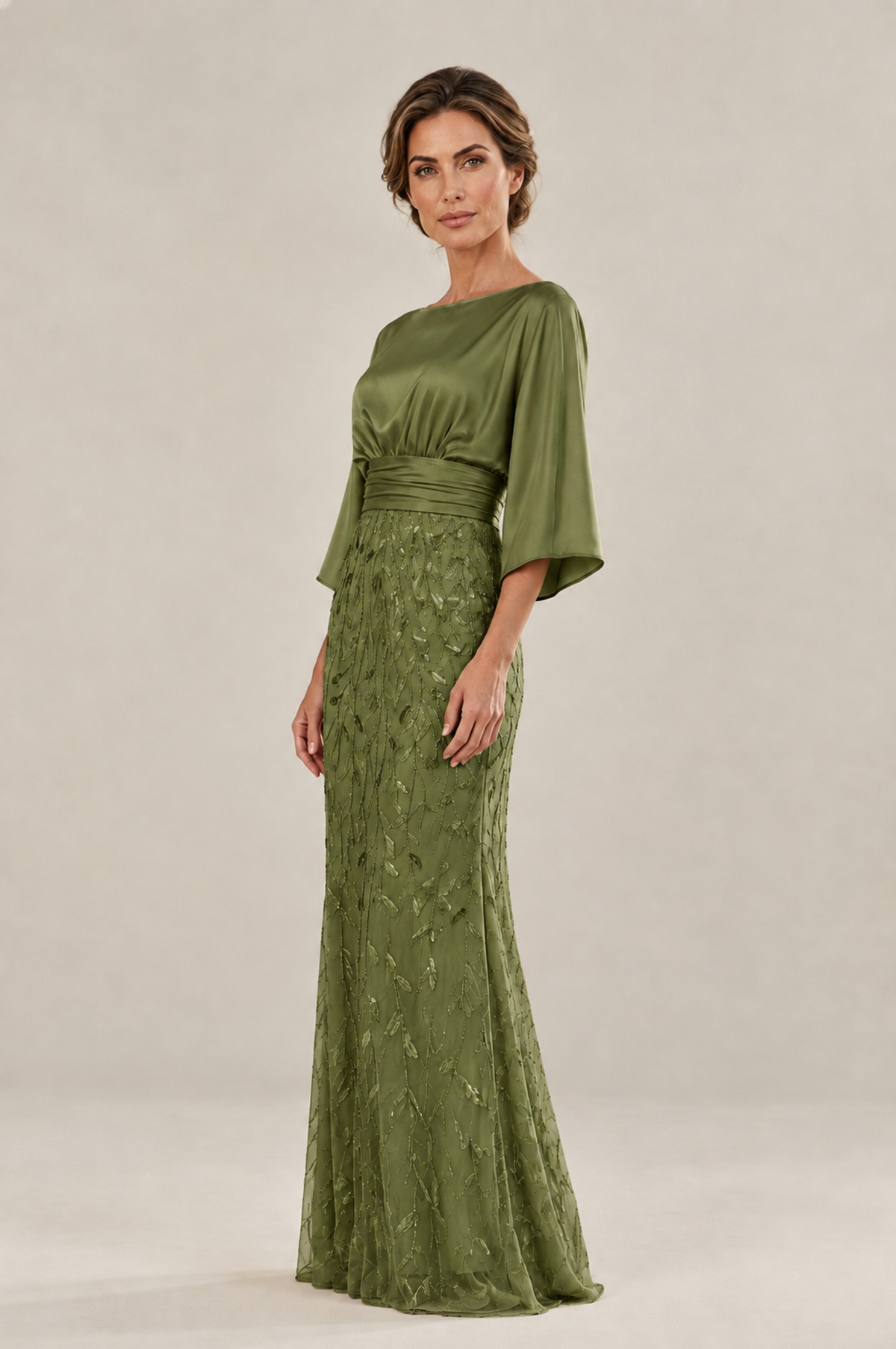 BOLODOO Olive Green Mother of the Bride Dress with Kimono Sleeves, Satin Bodice & Sequin Embroidered Mermaid Floor-Length Gown - Olive Green - Olive Green (4)