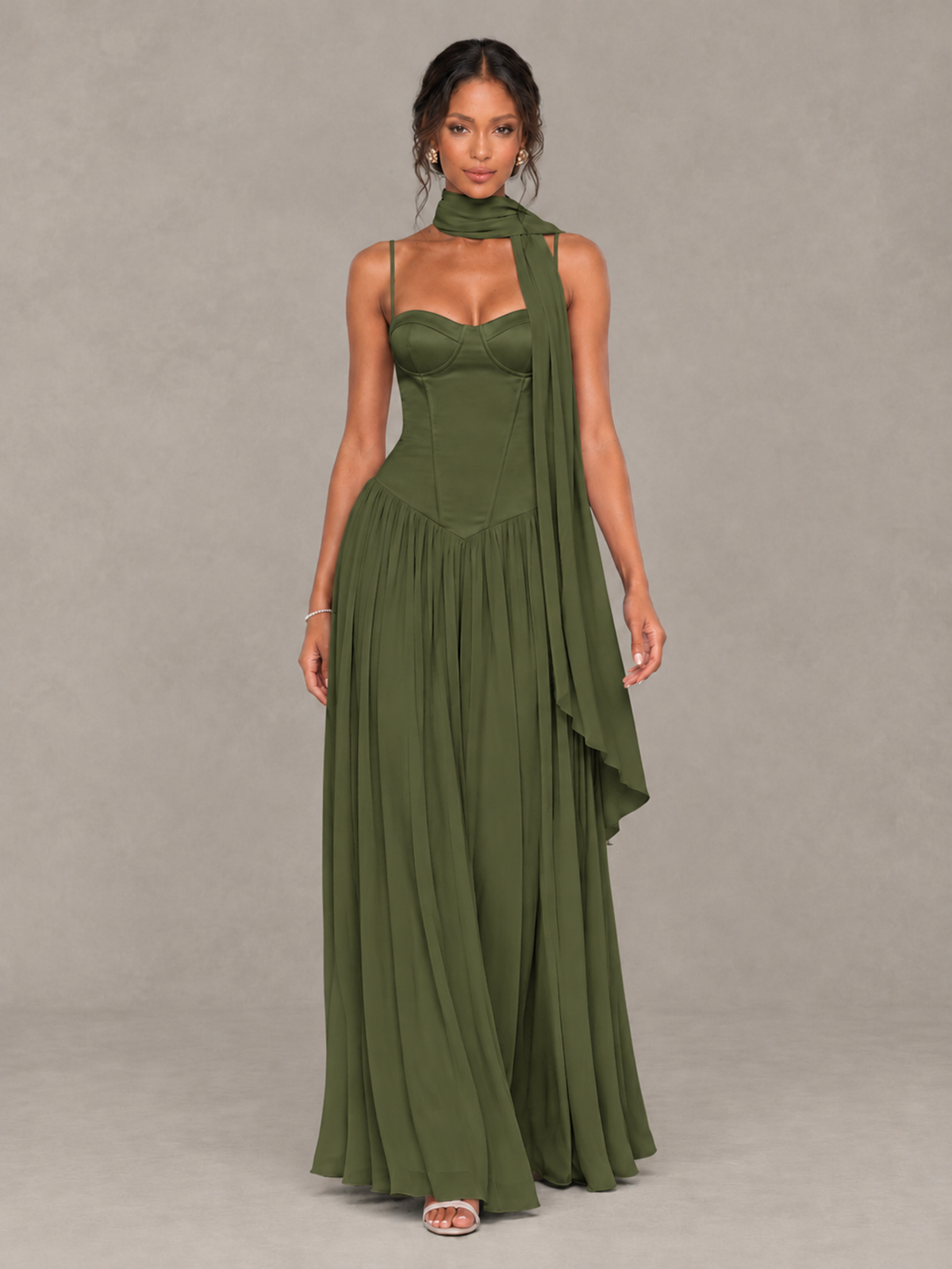 BOLODOO Olive Green Corset Bridesmaid Dress with Scarf - Olive Green - Olive Green (4)