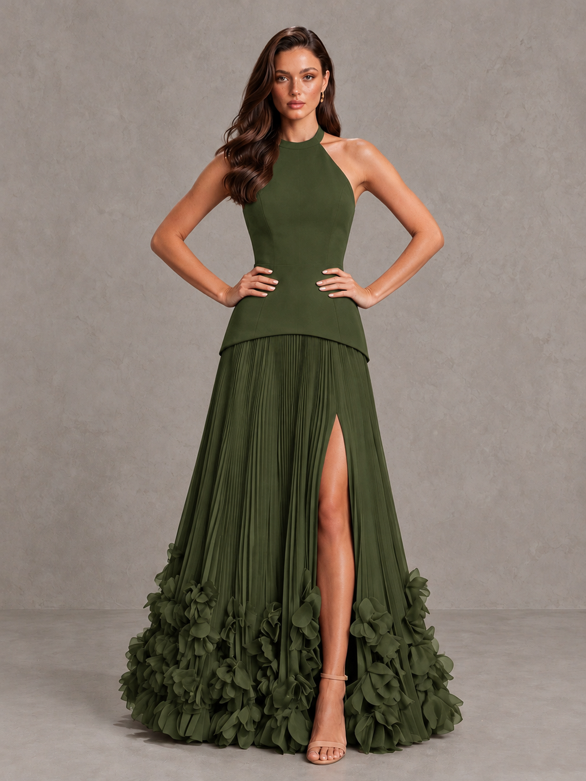 BOLODOO Olive Green Halter Neck Floor-Length Evening Gown with High Slit & 3D Floral Hem - Olive Green - Olive Green (4)