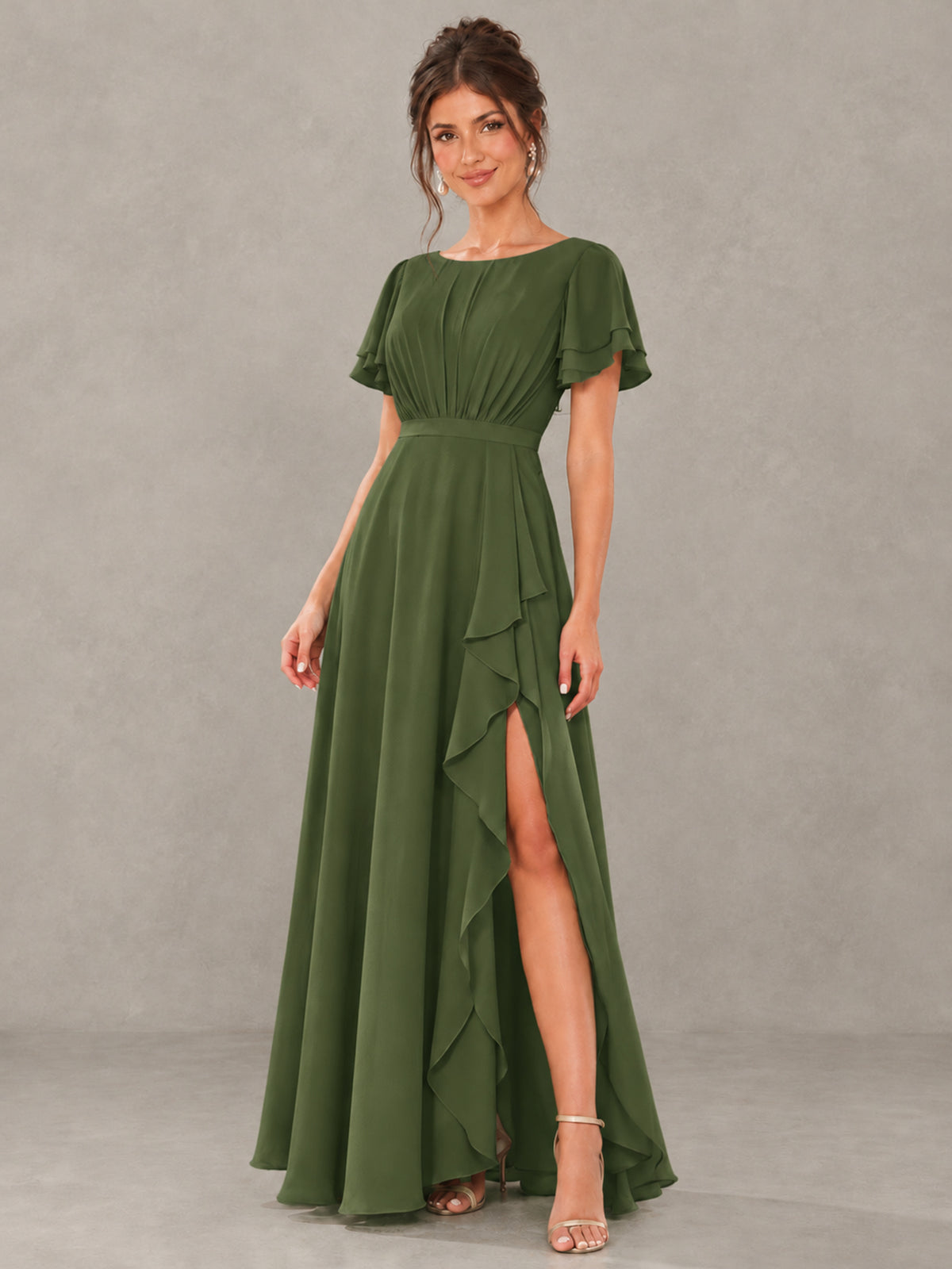 BOLODOO Olive Green Flutter Sleeve Ruffle Bridesmaid Dress with Slit - Olive Green - Olive Green (4)
