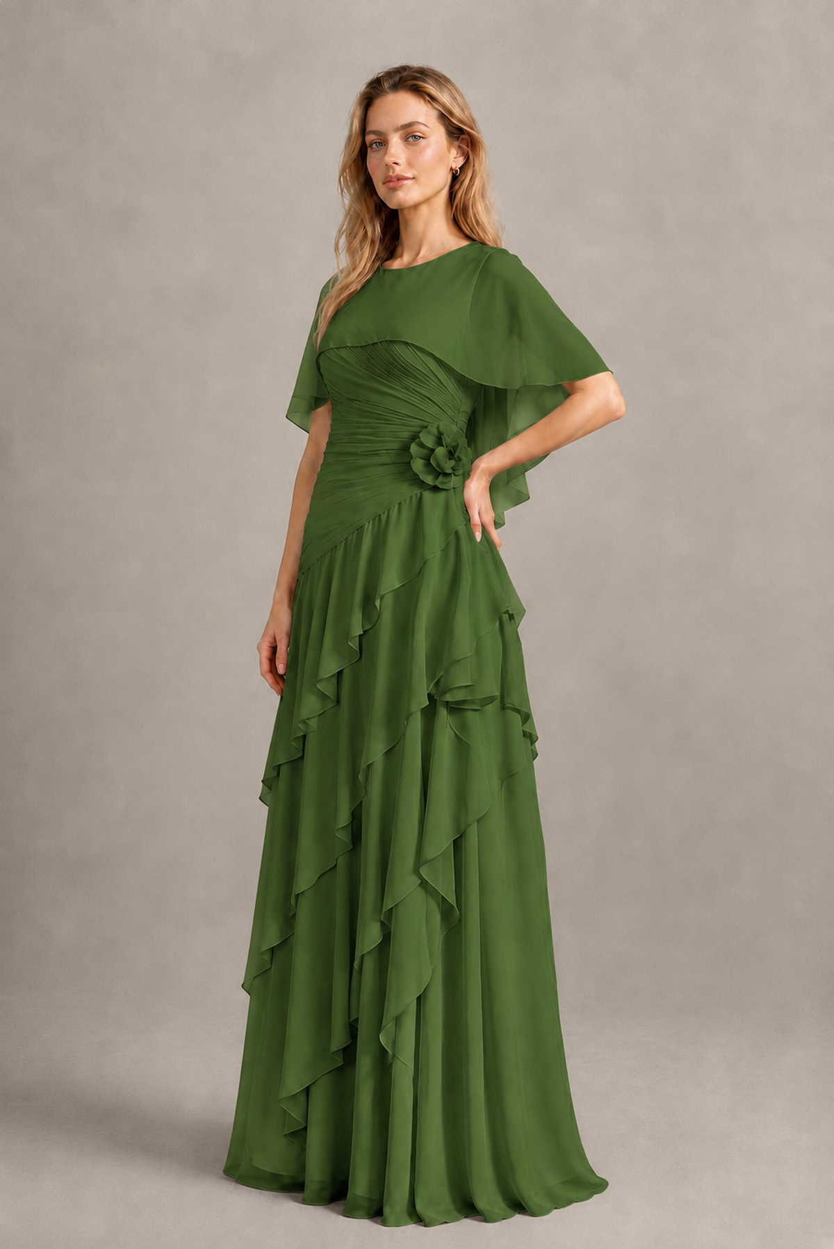 BOLODOO Olive Green Chiffon Flutter Sleeve Tiered Maxi Dress with 3D Rosette - Olive Green