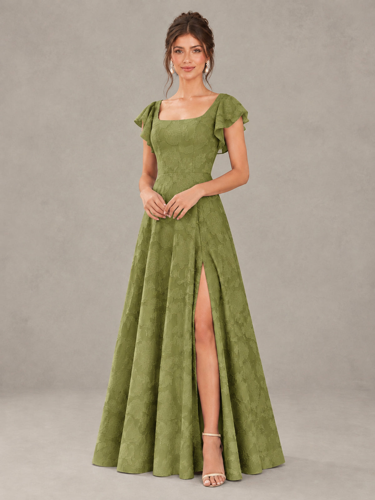 BOLODOO Olive Green Floral Flutter Sleeve Bridesmaid Dress with Slit - Olive Green - Olive Green (4)