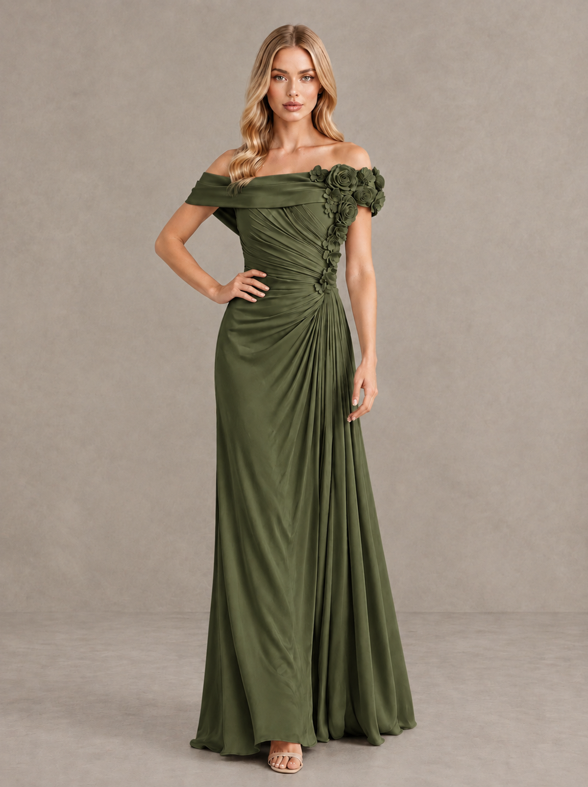 BOLODOO Olive Green Off-Shoulder Floral Applique Wedding Guest Maxi Dress - Olive Green - Olive Green (4)