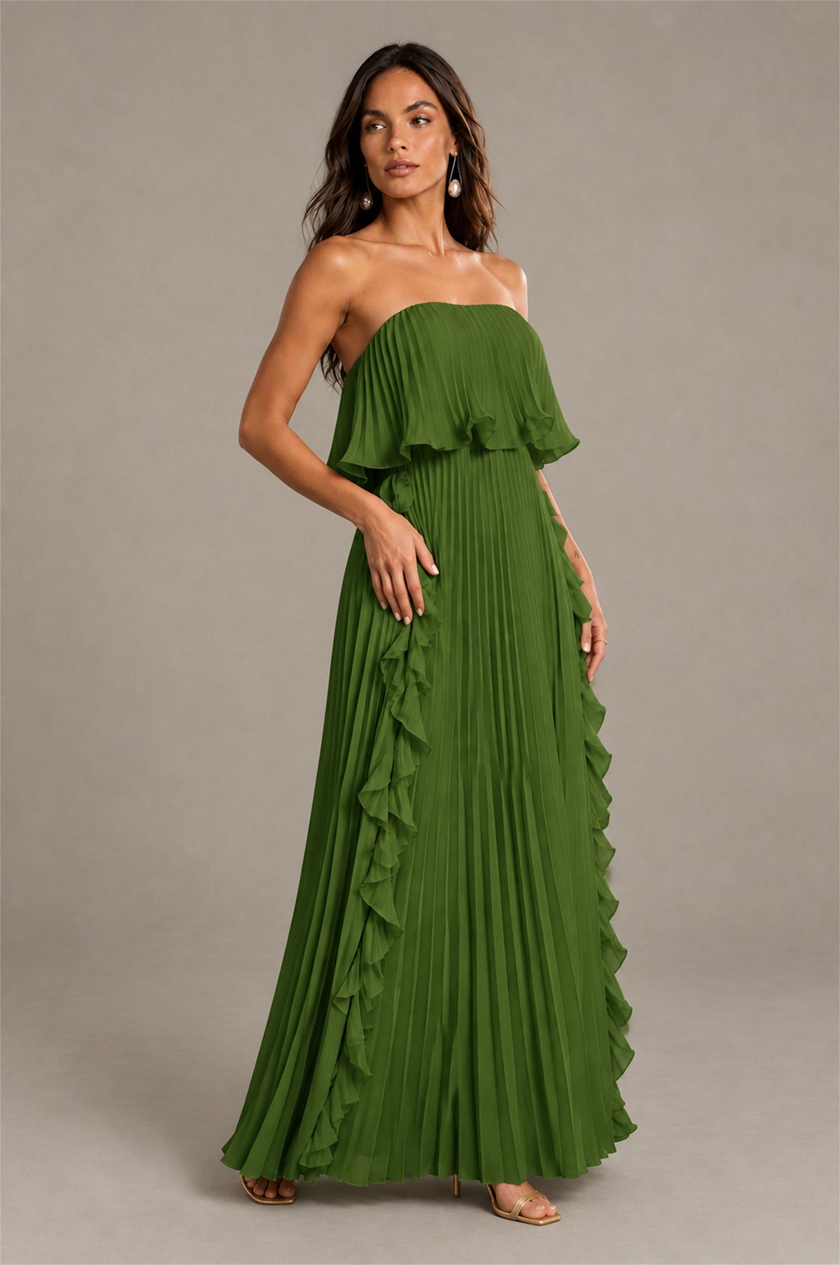 BOLODOO Olive Green Strapless Ruffle Bodice Dual Cascading Ruffle Accordion Pleated Chiffon Maxi Dress - Olive Green