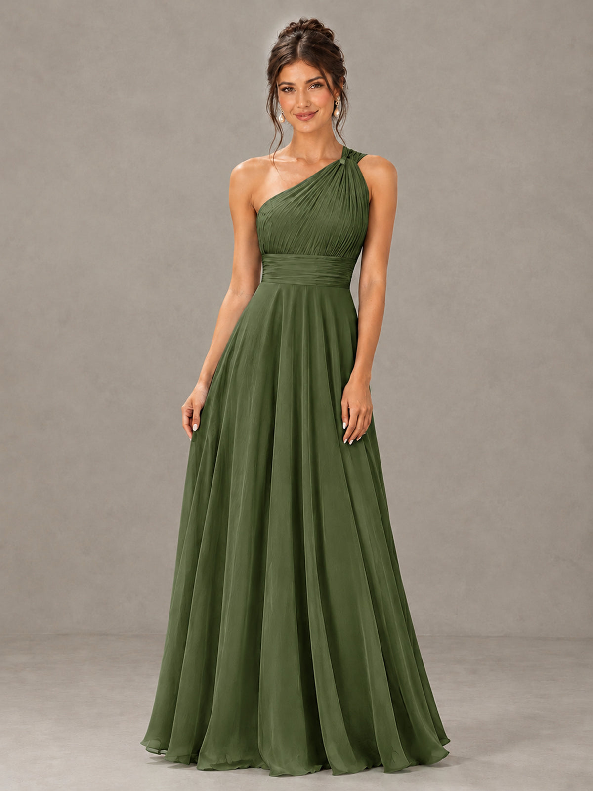 BOLODOO Olive Green One-Shoulder Chiffon-Look Bridesmaid Dress - Olive Green - Olive Green (4)