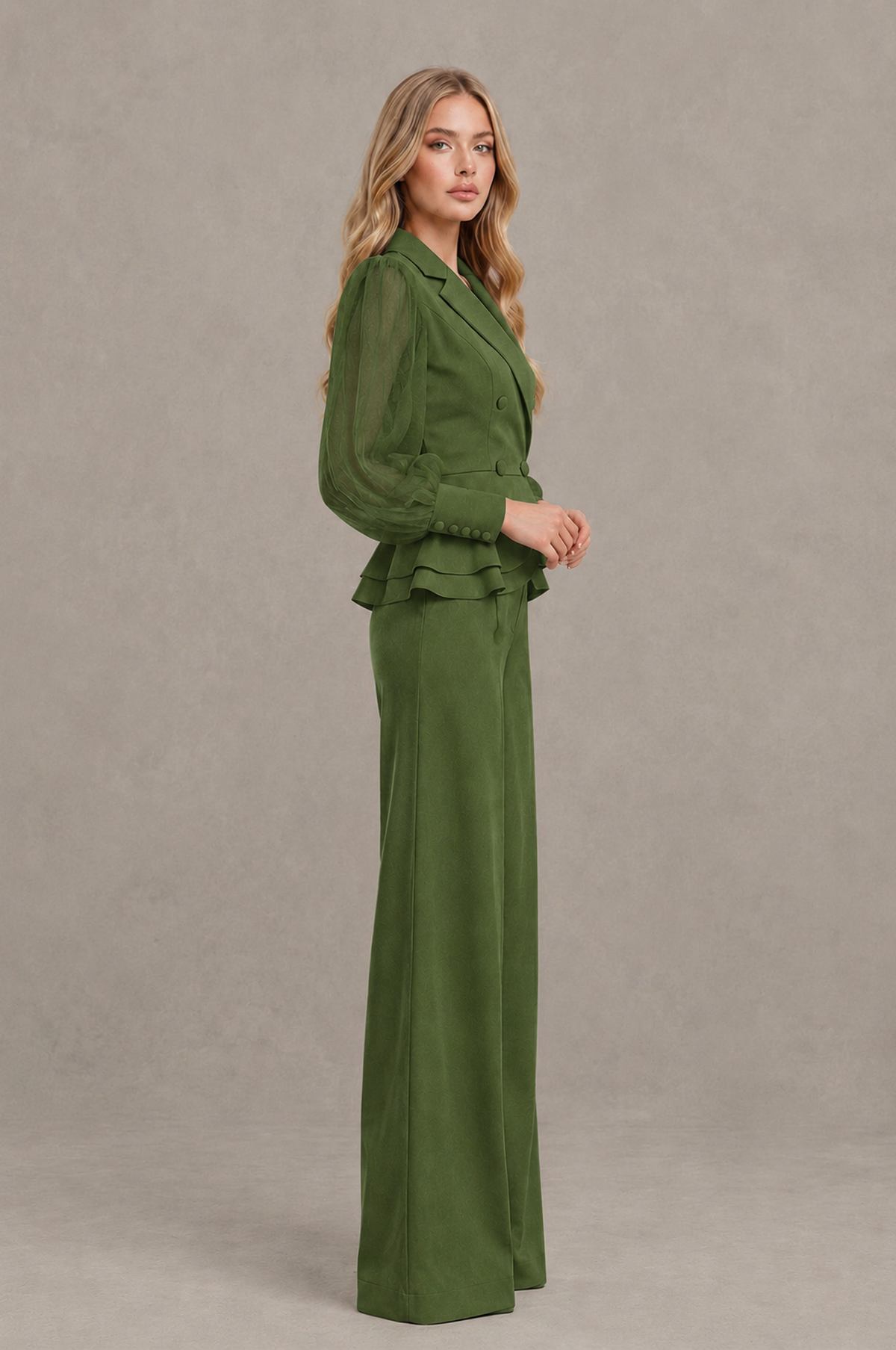 BOLODOO Mint Olive Green Peplum Blazer Wide-Leg Pantsuit with Sheer Puff Sleeves - Olive Green