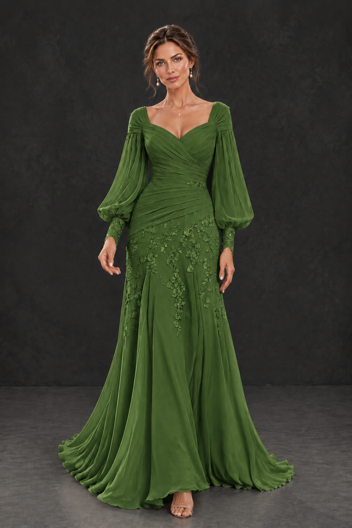 BOLODOO Olive Green Long Sleeve Mother of the Bride Dress with Floral Appliqués - Olive Green - Olive Green (4)