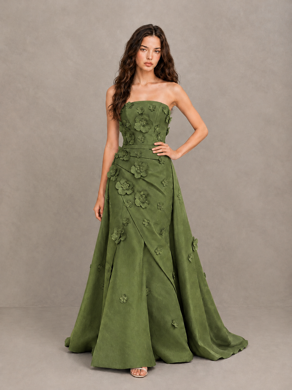 BOLODOO Olive Green Strapless 3D Floral Applique Prom Gown with Draped Skirt - Olive Green - Olive Green (4)