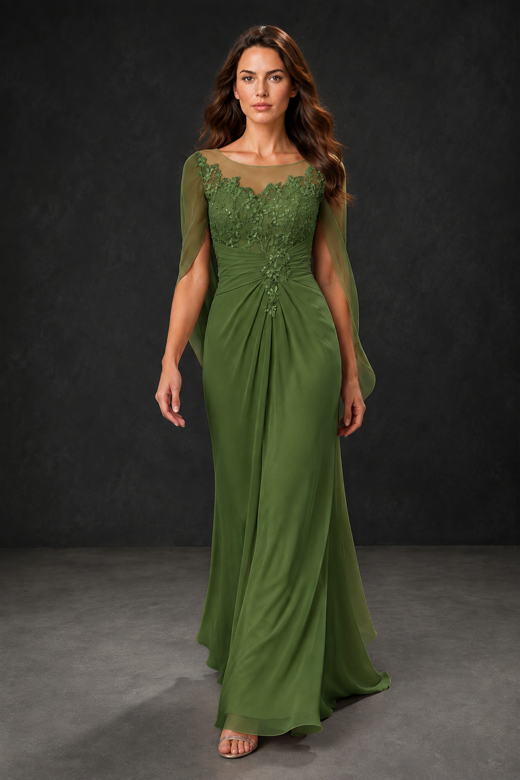 BOLODOO Olive Green Illusion Lace One-Side Cape Sleeve Beaded Chiffon Floor Length Gown | Mother of the Bride Evening Dress - Olive Green