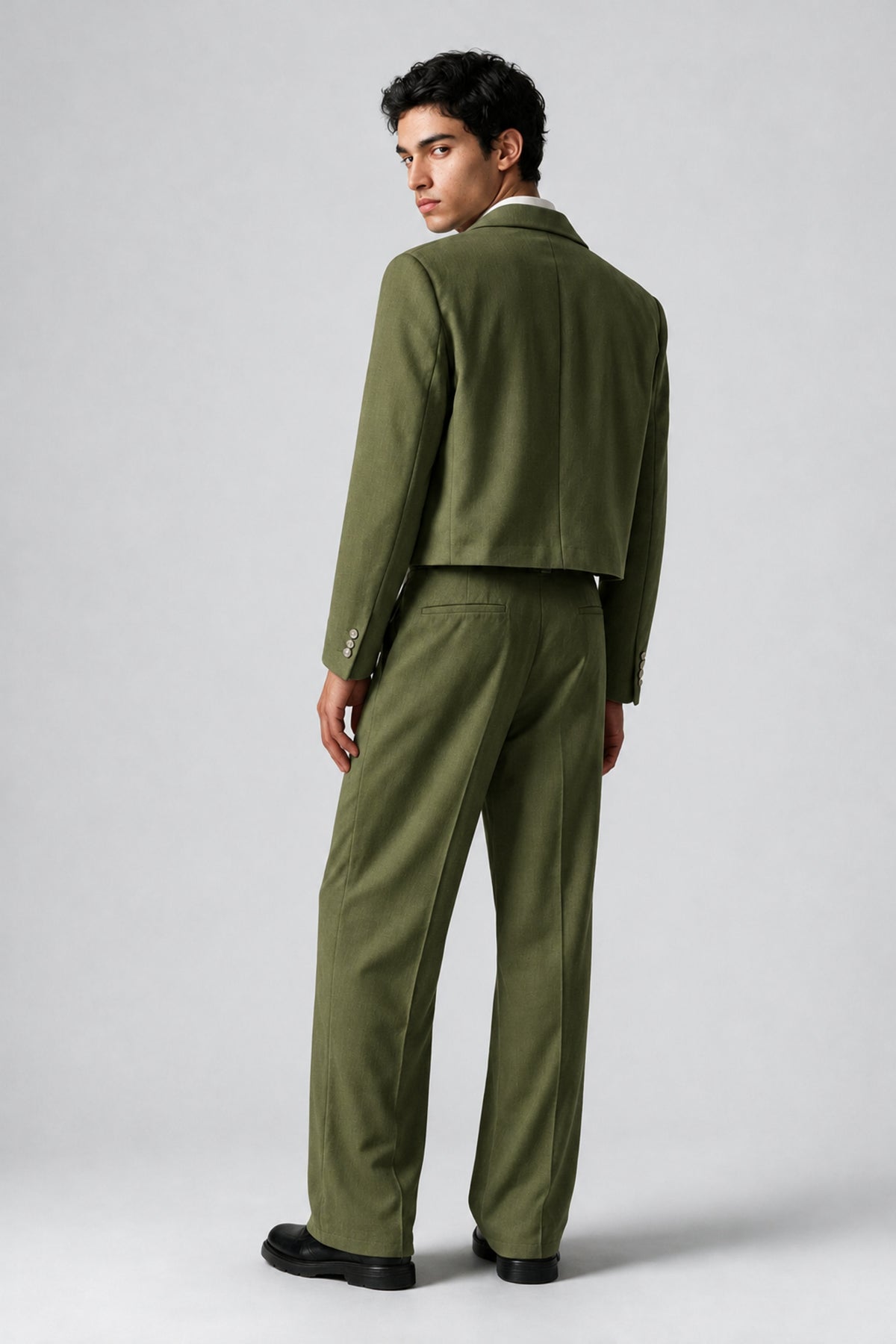 Bolodoo Men's Olive Green Cropped Blazer & Wide-Leg Trousers 2-Piece Suit - Olive Green - Olive Green (4)