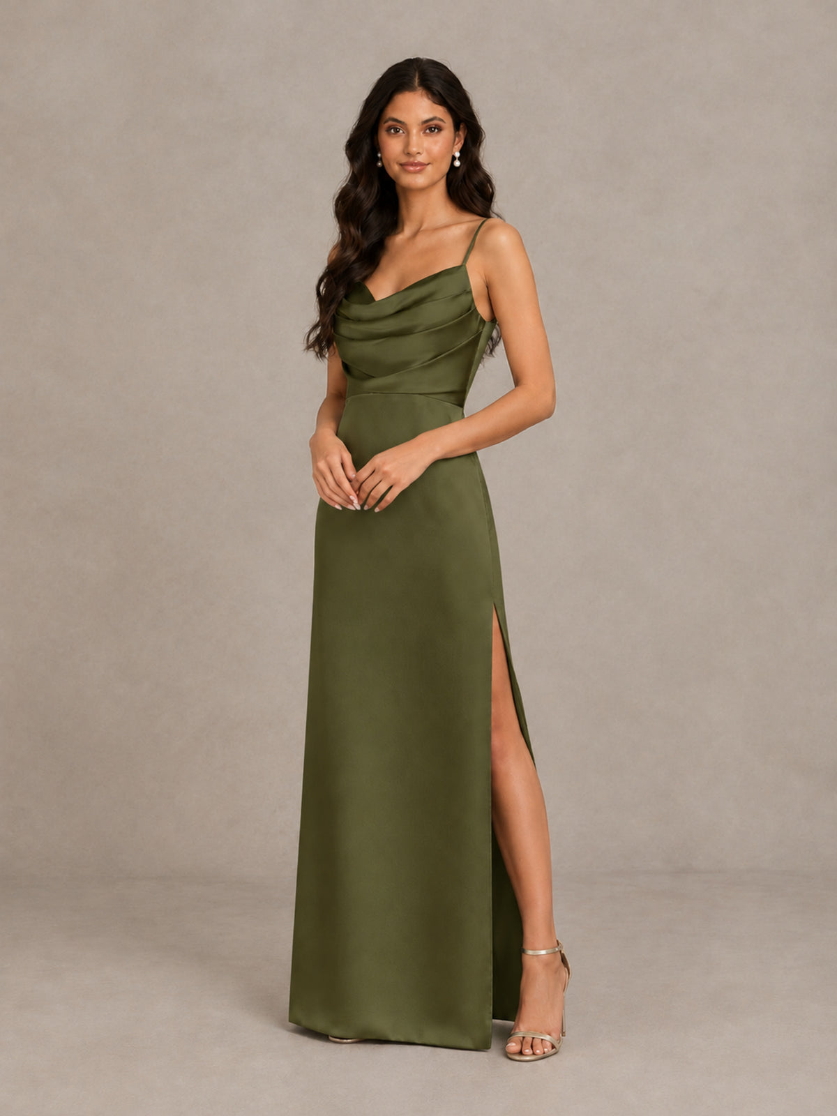 BOLODOO Olive Green Cowl Neck Satin Bridesmaid Dress with Slit - Olive Green - Olive Green (4)