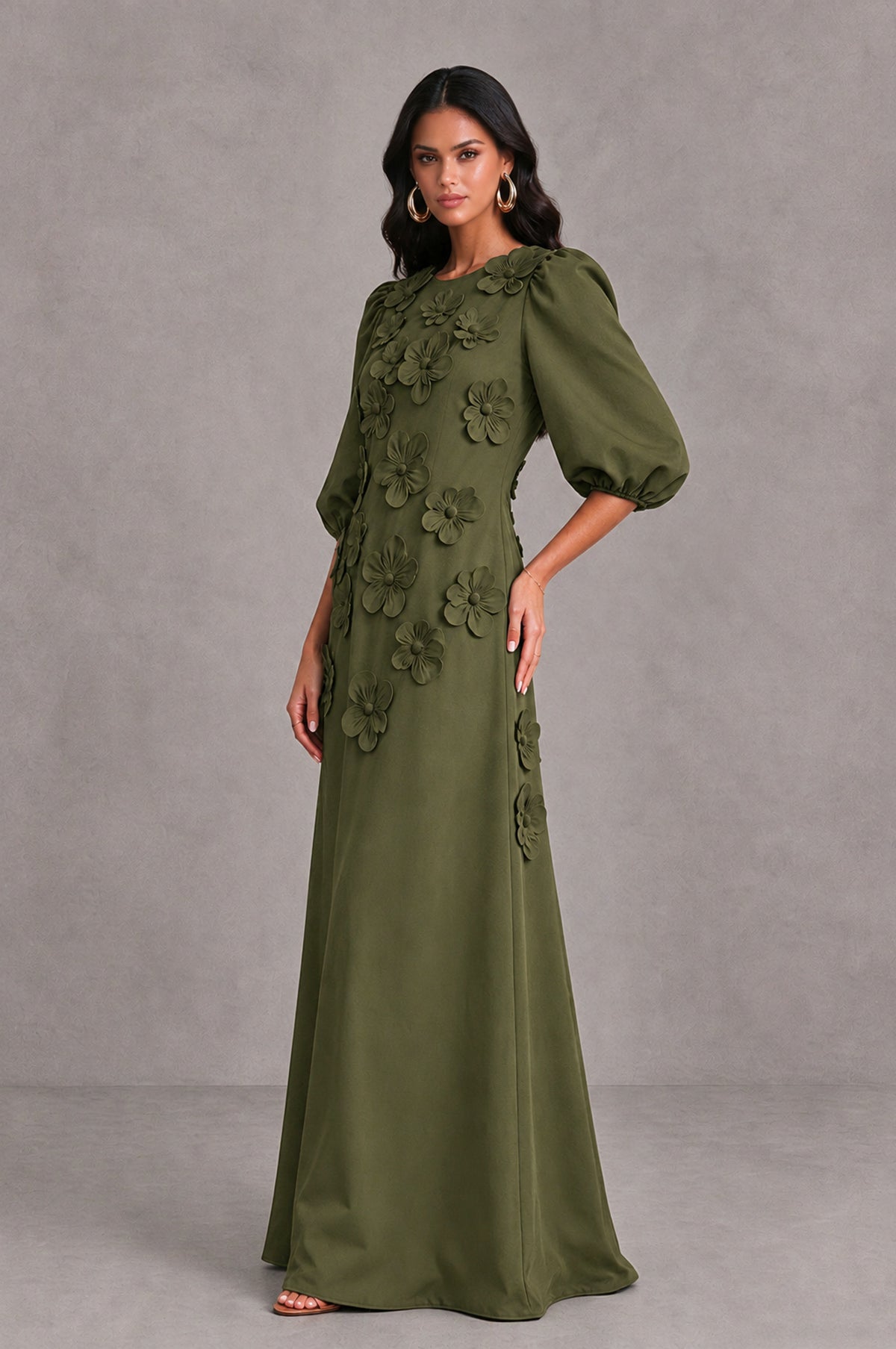 BOLODOO Olive Green Floral Applique Puff Sleeve A-Line Evening Dress - Olive Green - Olive Green (4)