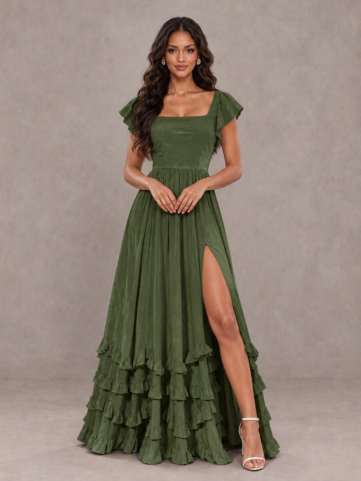 BOLODOO Olive Green Flutter Sleeve Ruffle Bridesmaid Dress with Slit - Olive Green - Olive Green (4)
