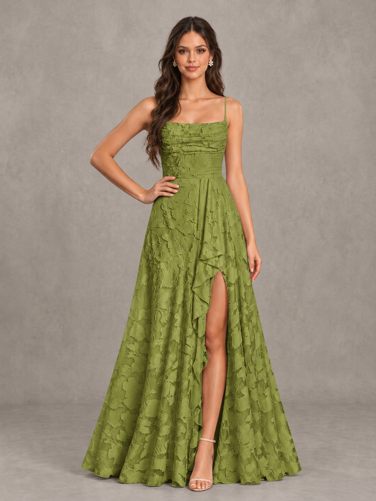 BOLODOO Olive Green Floral Appliqué Slit Maxi Dress - Olive Green - Olive Green (4)