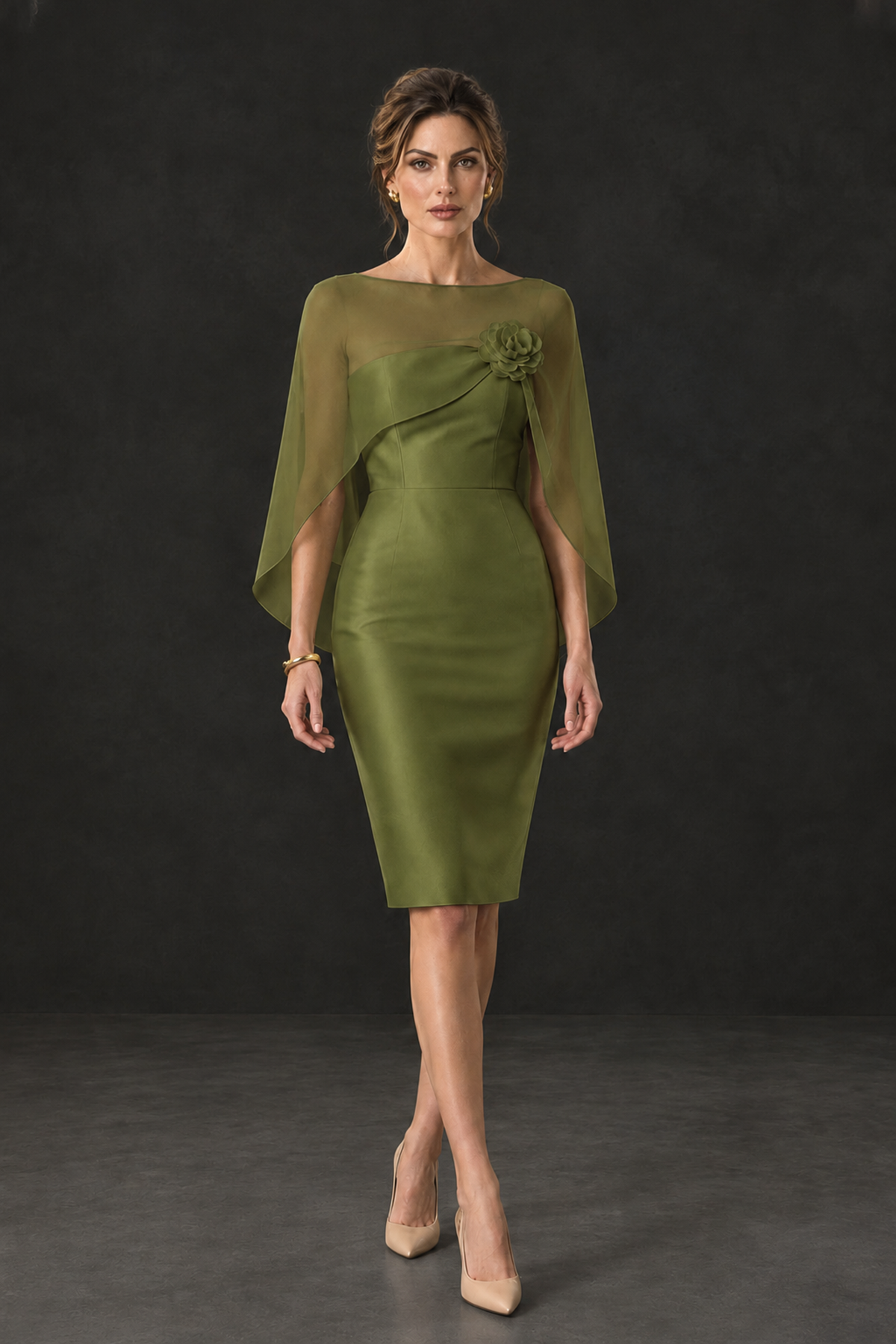 BOLODOO Olive Green Cape Knee-Length Mother of the Bride Dress - Olive Green - Olive Green (4)