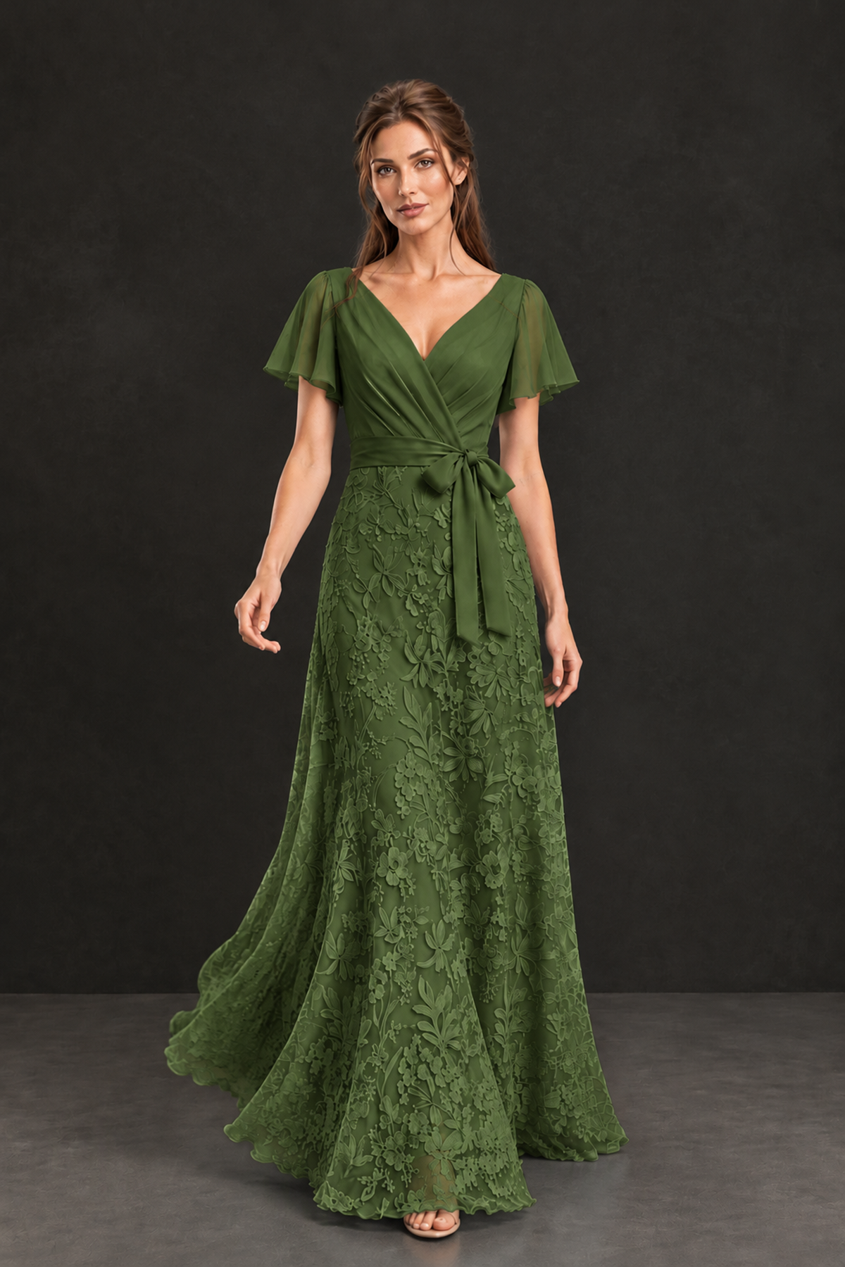 BOLODOO Olive Green Flutter Sleeve Lace Mother of the Bride Dress - Olive Green
