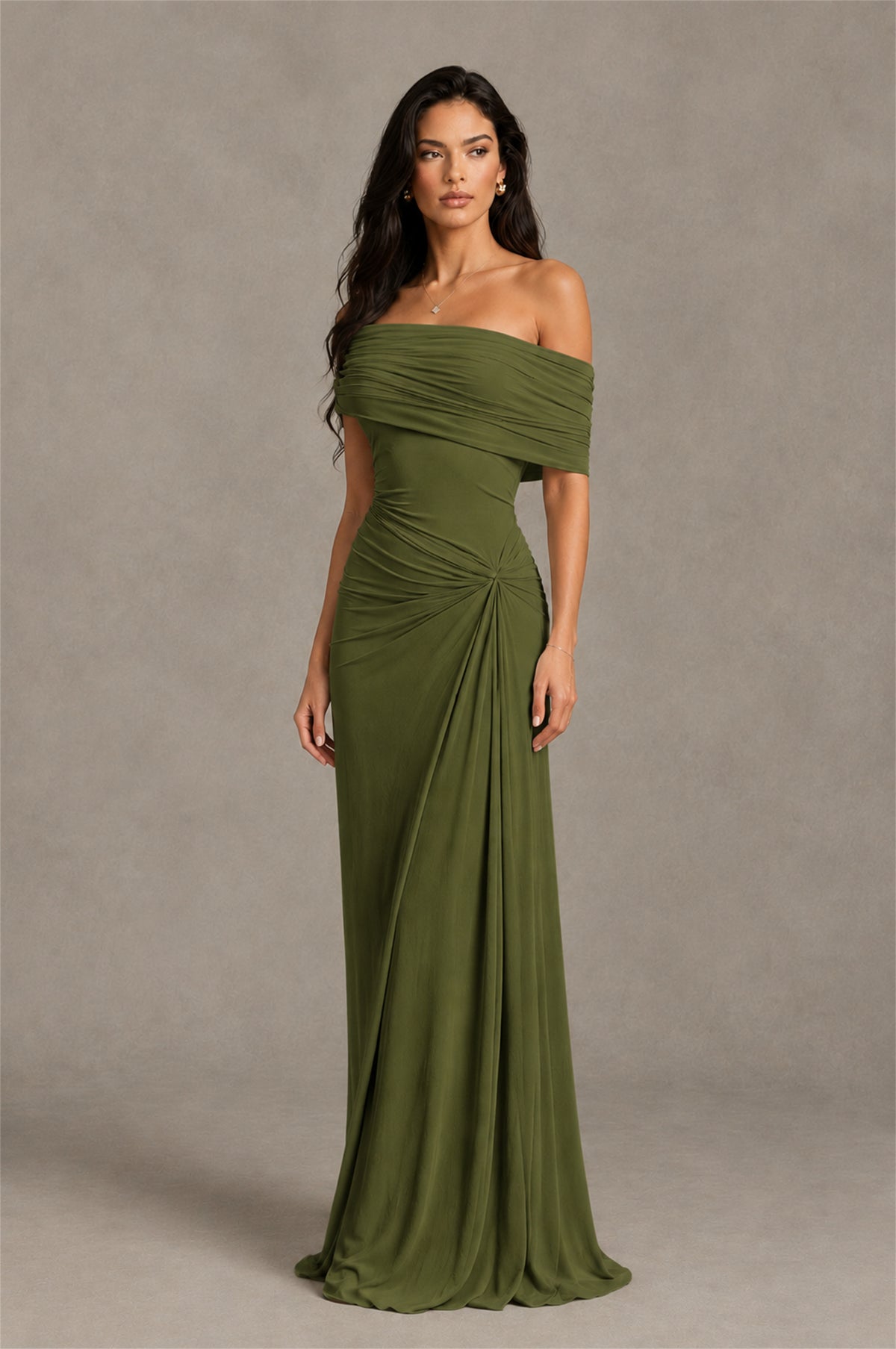 BOLODOO Olive Green Off-Shoulder Ruched Maxi Dress - Olive Green