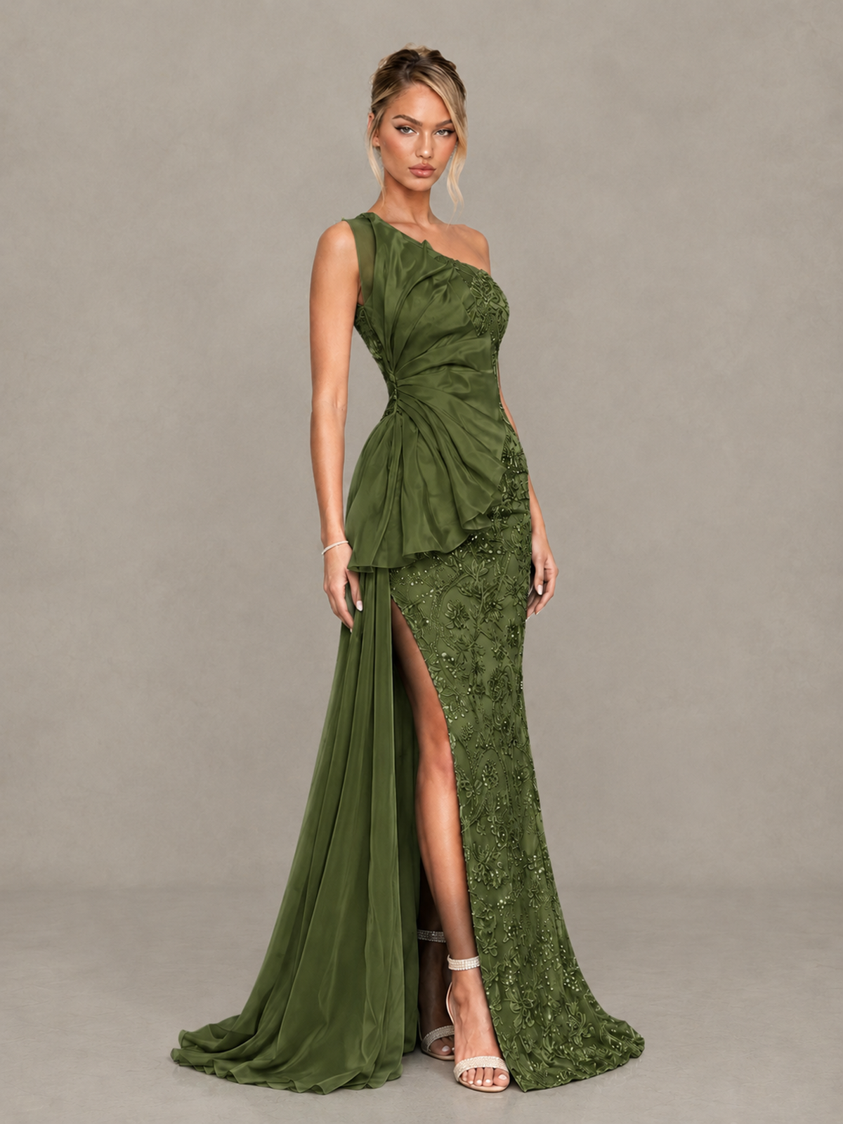 BOLODOO Olive Green One-Shoulder Floral Lace Evening Gown with High Slit - Olive Green - Olive Green (4)