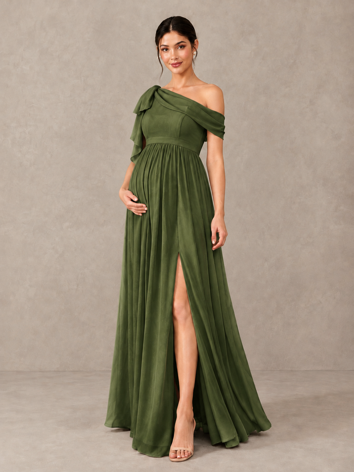 BOLODOO Olive Green One-Shoulder Maternity Bridesmaid Dress with Slit - Olive Green - Olive Green (4)