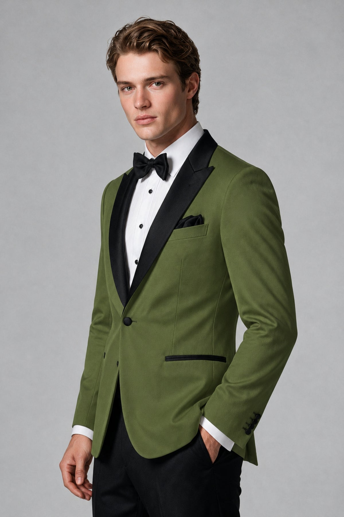 BOLODOO Men's Olive Green Single-Button Tuxedo Blazer & Black Trousers 2-Piece Suit Set - Olive Green - Olive Green (4)