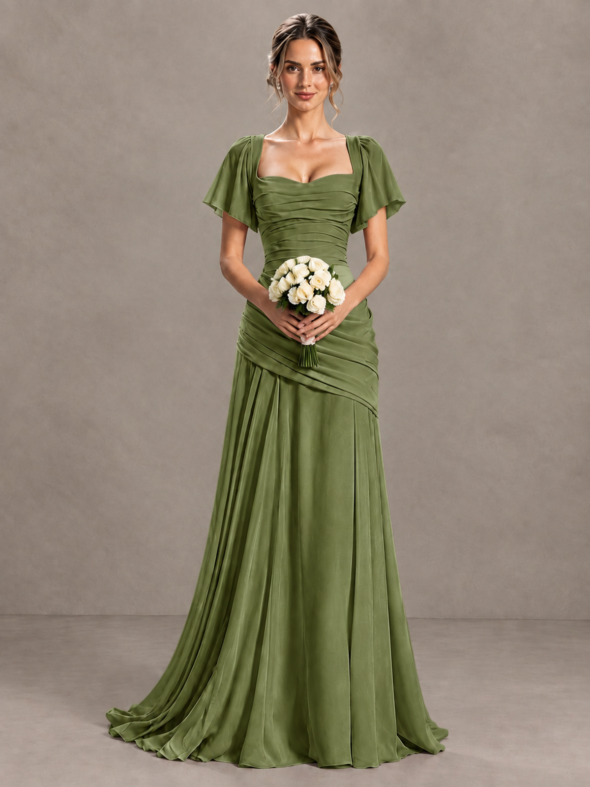BOLODOO Olive Green Flutter Sleeve Lace-Up Back Maxi Dress - Olive Green